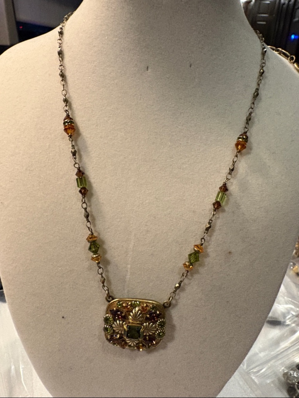 Gold-Tone Pendant Necklace with Green and Amber Crystals - Women Jewelry